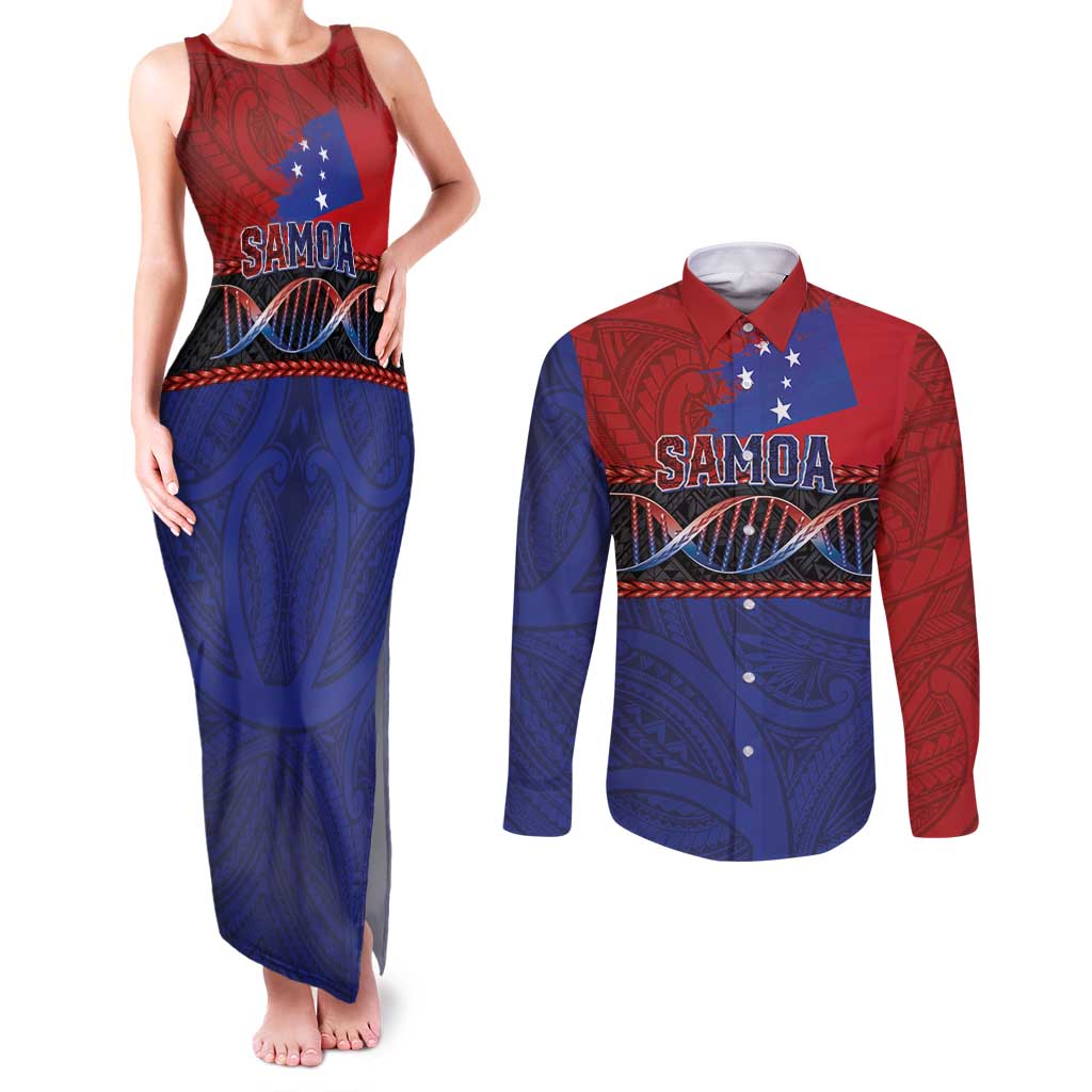 Personalised Samoan DNA-Proud of Samoa Couples Matching Tank Maxi Dress and Long Sleeve Button Shirt Polynesian Patterns - Polynesian Pride