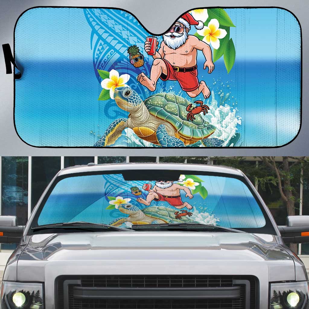Polynesian Merry Christmas Auto Sun Shade Funny Santa with Sea Turtle Beach Plumeria LT03 Multicolor - Polynesian Pride