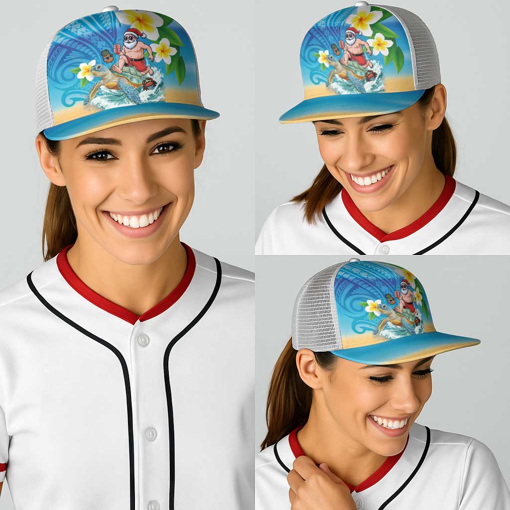 Polynesian Merry Christmas Baseball Net Cap Funny Santa with Sea Turtle Beach and Plumeria - Polynesian Pride
