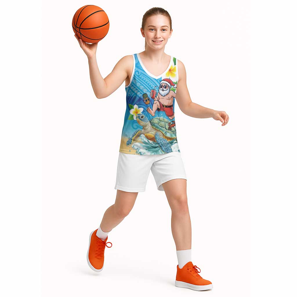 Polynesian Merry Christmas Basketball Jersey Funny Santa with Sea Turtle Beach Plumeria - Polynesian Pride