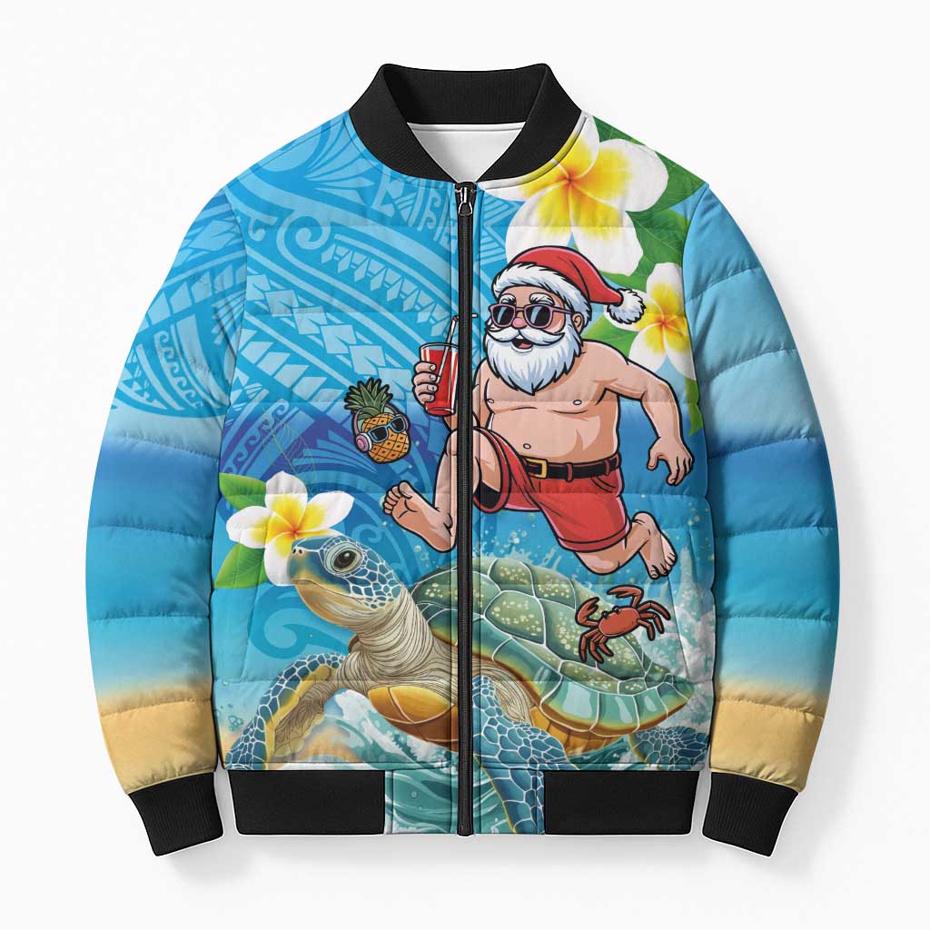 Polynesian Merry Christmas Bomber Puffer Jacket Funny Santa with Sea Turtle Beach Plumeria LT03 Unisex Multicolor - Polynesian Pride