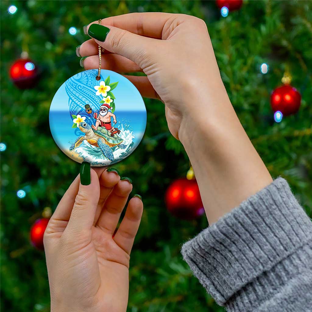 Polynesian Merry Christmas Ceramic Ornament Funny Santa with Sea Turtle on Beach and Plumeria - Polynesian Pride