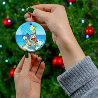 Polynesian Merry Christmas Ceramic Ornament Funny Santa with Sea Turtle on Beach and Plumeria - Polynesian Pride