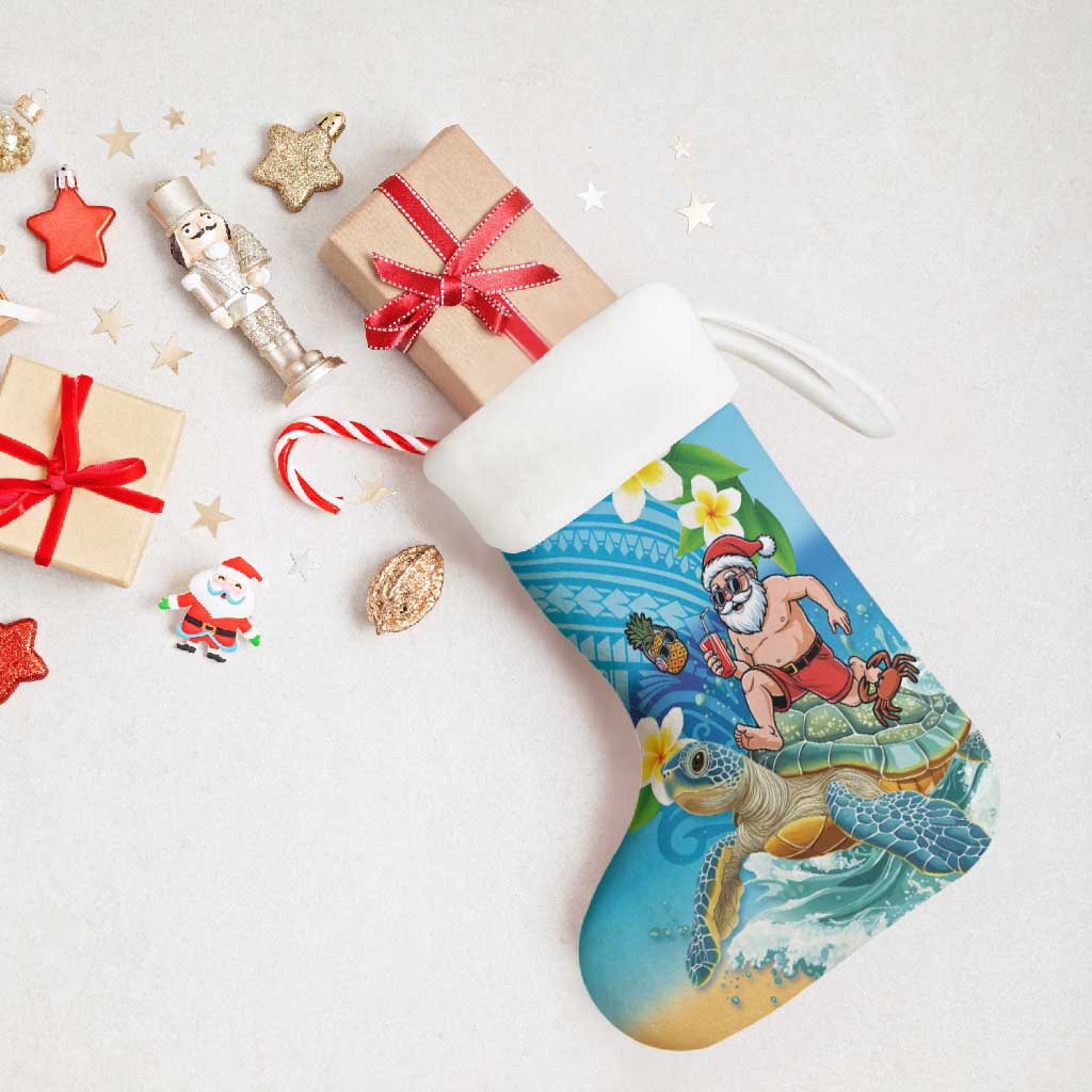 Polynesian Merry Christmas Stocking Funny Santa with Sea Turtle on Beach and Plumeria LT03 - Polynesian Pride