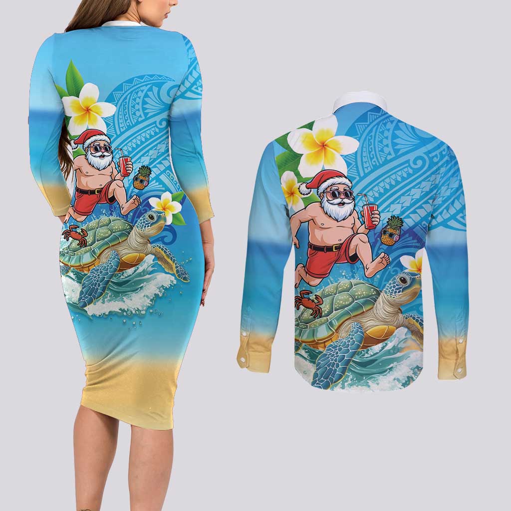 Polynesian Merry Christmas Couples Matching Long Sleeve Bodycon Dress and Long Sleeve Button Shirt Funny Santa with Sea Turtle Beach Plumeria LT03 - Polynesian Pride