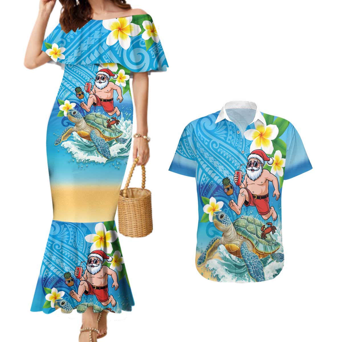 Polynesian Merry Christmas Couples Matching Mermaid Dress and Hawaiian Shirt Funny Santa with Sea Turtle Beach Plumeria LT03 Multicolor - Polynesian Pride