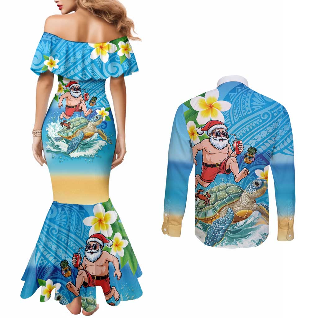 Polynesian Merry Christmas Couples Matching Mermaid Dress and Long Sleeve Button Shirt Funny Santa with Sea Turtle Beach Plumeria LT03 - Polynesian Pride