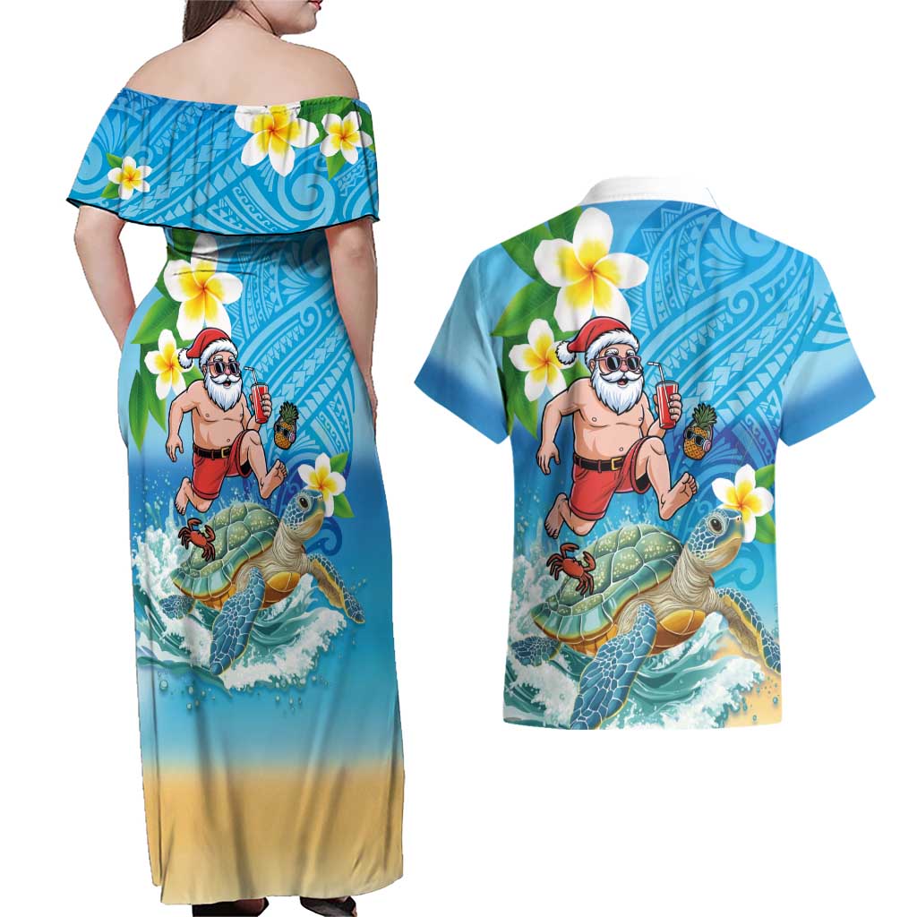 Polynesian Merry Christmas Couples Matching Off Shoulder Maxi Dress and Hawaiian Shirt Funny Santa with Sea Turtle Beach Plumeria LT03 - Polynesian Pride