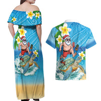 Polynesian Merry Christmas Couples Matching Off Shoulder Maxi Dress and Hawaiian Shirt Funny Santa with Sea Turtle Beach Plumeria LT03 - Polynesian Pride