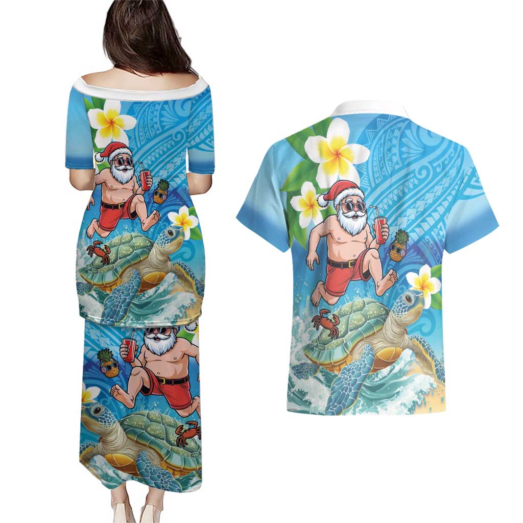 Polynesian Merry Christmas Couples Matching Puletasi and Hawaiian Shirt Funny Santa with Sea Turtle Beach Plumeria - Polynesian Pride