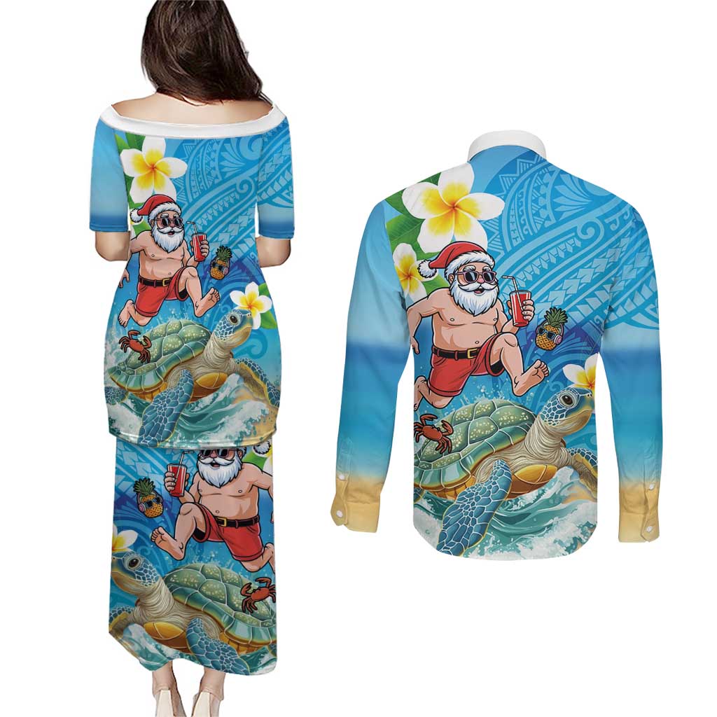 Polynesian Merry Christmas Couples Matching Puletasi and Long Sleeve Button Shirt Funny Santa with Sea Turtle Beach Plumeria - Polynesian Pride
