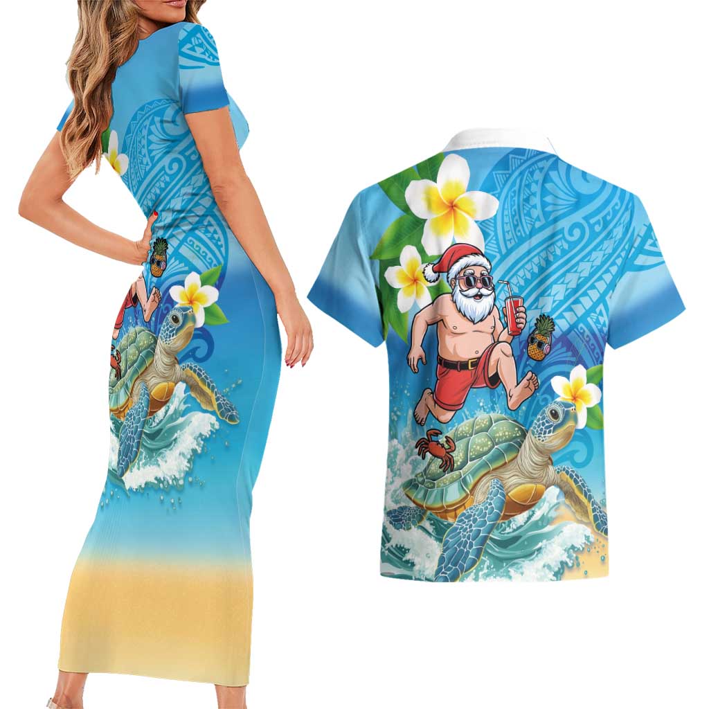 Polynesian Merry Christmas Couples Matching Short Sleeve Bodycon Dress and Hawaiian Shirt Funny Santa with Sea Turtle Beach Plumeria LT03 - Polynesian Pride