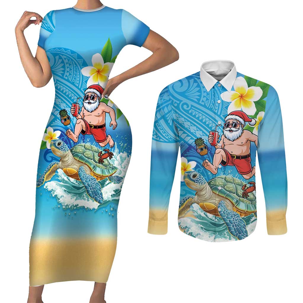 Polynesian Merry Christmas Couples Matching Short Sleeve Bodycon Dress and Long Sleeve Button Shirt Funny Santa with Sea Turtle Beach Plumeria LT03 Multicolor - Polynesian Pride