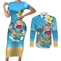 Polynesian Merry Christmas Couples Matching Short Sleeve Bodycon Dress and Long Sleeve Button Shirt Funny Santa with Sea Turtle Beach Plumeria LT03 Multicolor - Polynesian Pride