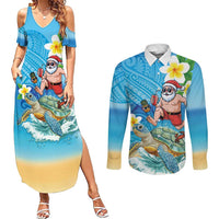 Polynesian Merry Christmas Couples Matching Summer Maxi Dress and Long Sleeve Button Shirt Funny Santa with Sea Turtle Beach Plumeria LT03 Multicolor - Polynesian Pride