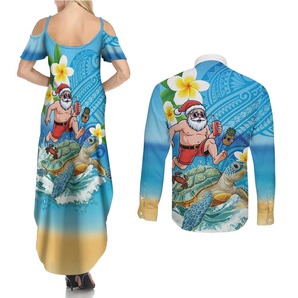 Polynesian Merry Christmas Couples Matching Summer Maxi Dress and Long Sleeve Button Shirt Funny Santa with Sea Turtle Beach Plumeria LT03 - Polynesian Pride
