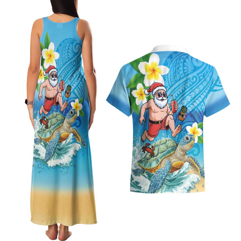 Polynesian Merry Christmas Couples Matching Tank Maxi Dress and Hawaiian Shirt Funny Santa with Sea Turtle Beach Plumeria LT03 - Polynesian Pride
