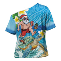 Polynesian Merry Christmas Cross Shoulder Shirt Funny Santa with Sea Turtle Beach Plumeria - Polynesian Pride