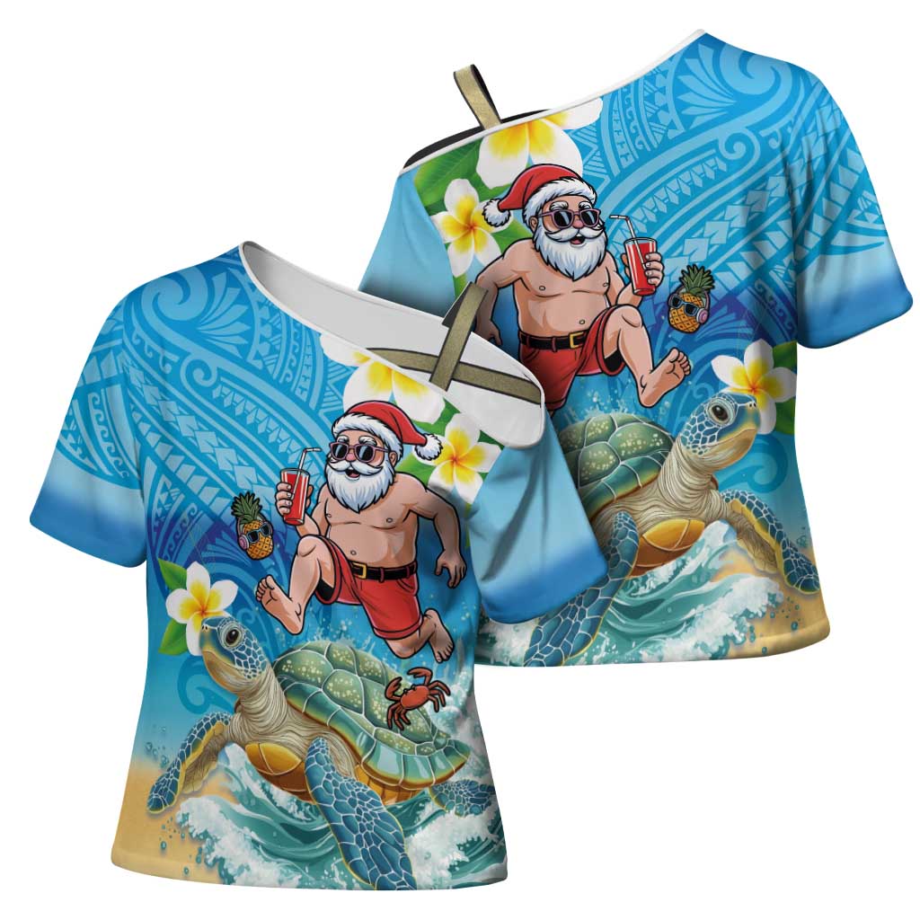 Polynesian Merry Christmas Cross Shoulder Shirt Funny Santa with Sea Turtle Beach Plumeria - Polynesian Pride