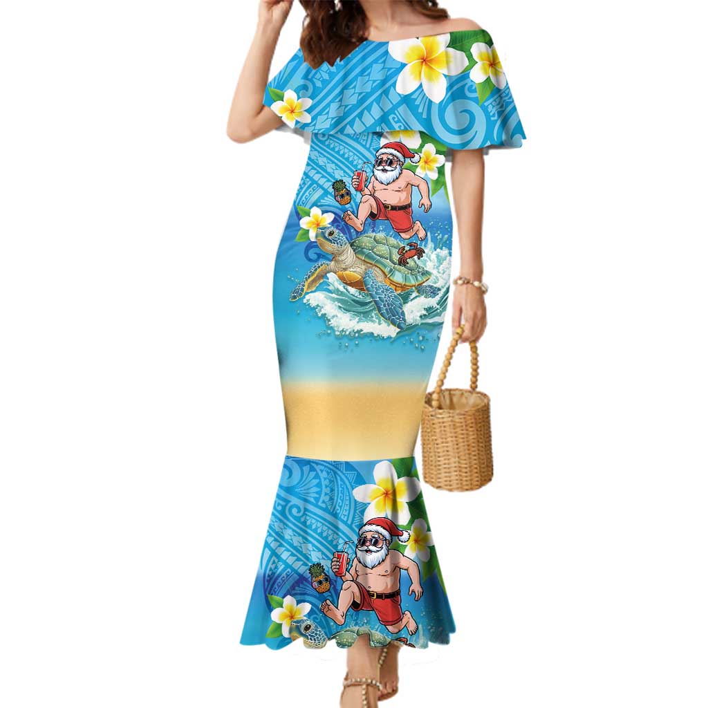 Polynesian Merry Christmas Family Matching Mermaid Dress and Hawaiian Shirt Funny Santa with Sea Turtle Beach Plumeria LT03 Mom's Dress Multicolor - Polynesian Pride