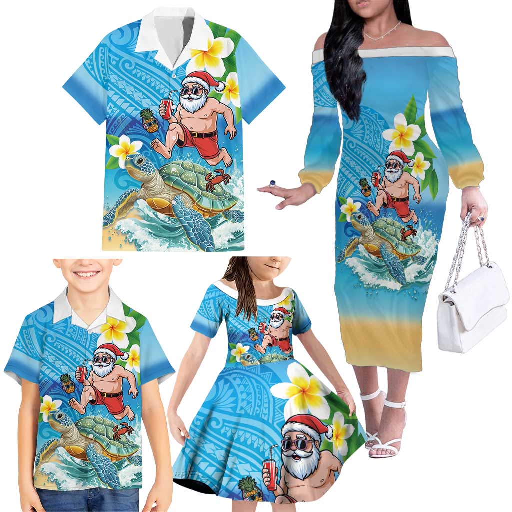 Polynesian Merry Christmas Family Matching Off The Shoulder Long Sleeve Dress and Hawaiian Shirt Funny Santa with Sea Turtle Beach Plumeria LT03 - Polynesian Pride
