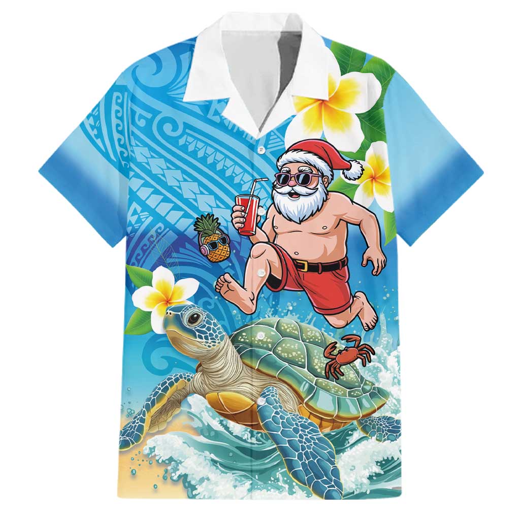 Polynesian Merry Christmas Family Matching Off The Shoulder Long Sleeve Dress and Hawaiian Shirt Funny Santa with Sea Turtle Beach Plumeria LT03 Dad's Shirt - Short Sleeve Multicolor - Polynesian Pride