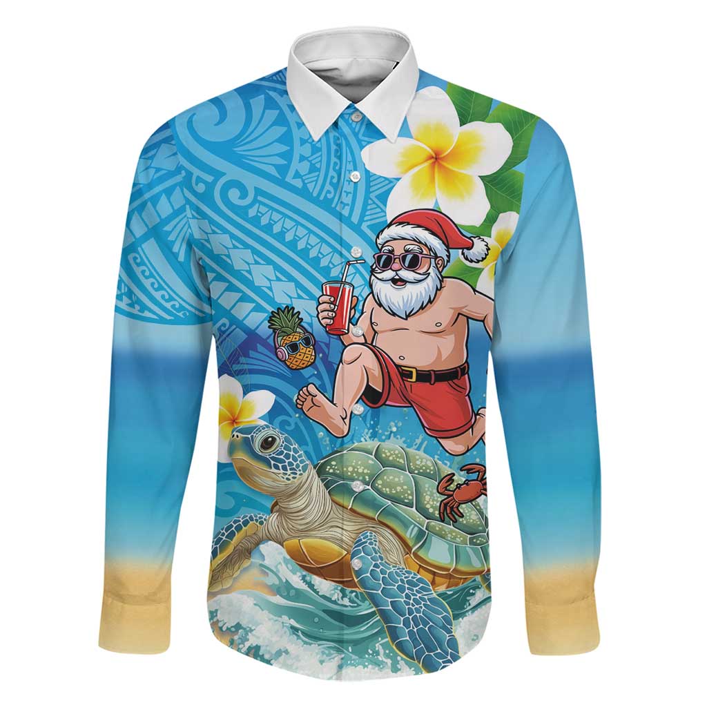 Polynesian Merry Christmas Family Matching Off The Shoulder Long Sleeve Dress and Hawaiian Shirt Funny Santa with Sea Turtle Beach Plumeria LT03 Dad's Shirt - Long Sleeve Multicolor - Polynesian Pride