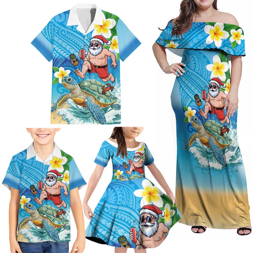 Polynesian Merry Christmas Family Matching Off Shoulder Maxi Dress and Hawaiian Shirt Funny Santa with Sea Turtle Beach Plumeria LT03 - Polynesian Pride