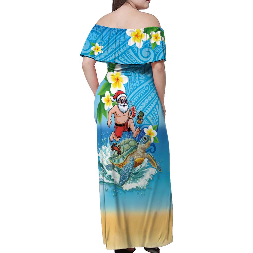 Polynesian Merry Christmas Family Matching Off Shoulder Maxi Dress and Hawaiian Shirt Funny Santa with Sea Turtle Beach Plumeria LT03 - Polynesian Pride