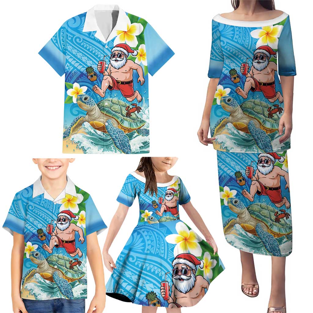 Polynesian Merry Christmas Family Matching Puletasi and Hawaiian Shirt Funny Santa with Sea Turtle Beach Plumeria - Polynesian Pride