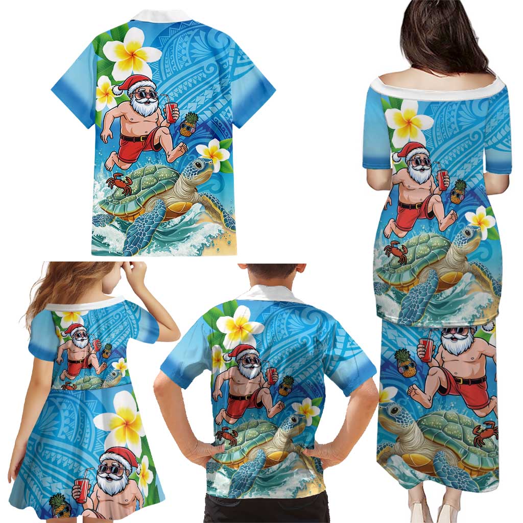 Polynesian Merry Christmas Family Matching Puletasi and Hawaiian Shirt Funny Santa with Sea Turtle Beach Plumeria LT03 - Polynesian Pride