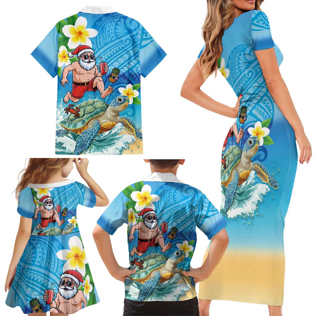 Polynesian Merry Christmas Family Matching Short Sleeve Bodycon Dress and Hawaiian Shirt Funny Santa with Sea Turtle Beach Plumeria LT03 - Polynesian Pride