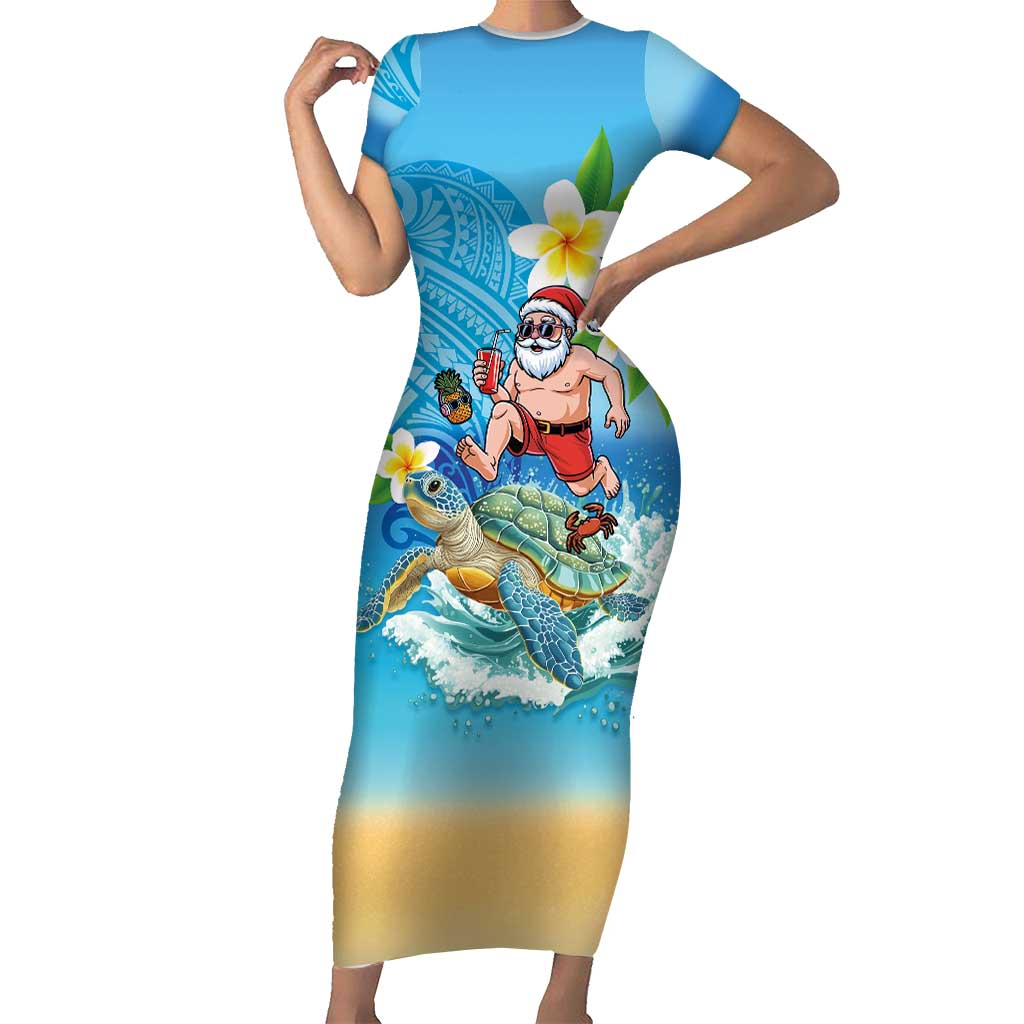Polynesian Merry Christmas Family Matching Short Sleeve Bodycon Dress and Hawaiian Shirt Funny Santa with Sea Turtle Beach Plumeria LT03 Mom's Dress Multicolor - Polynesian Pride