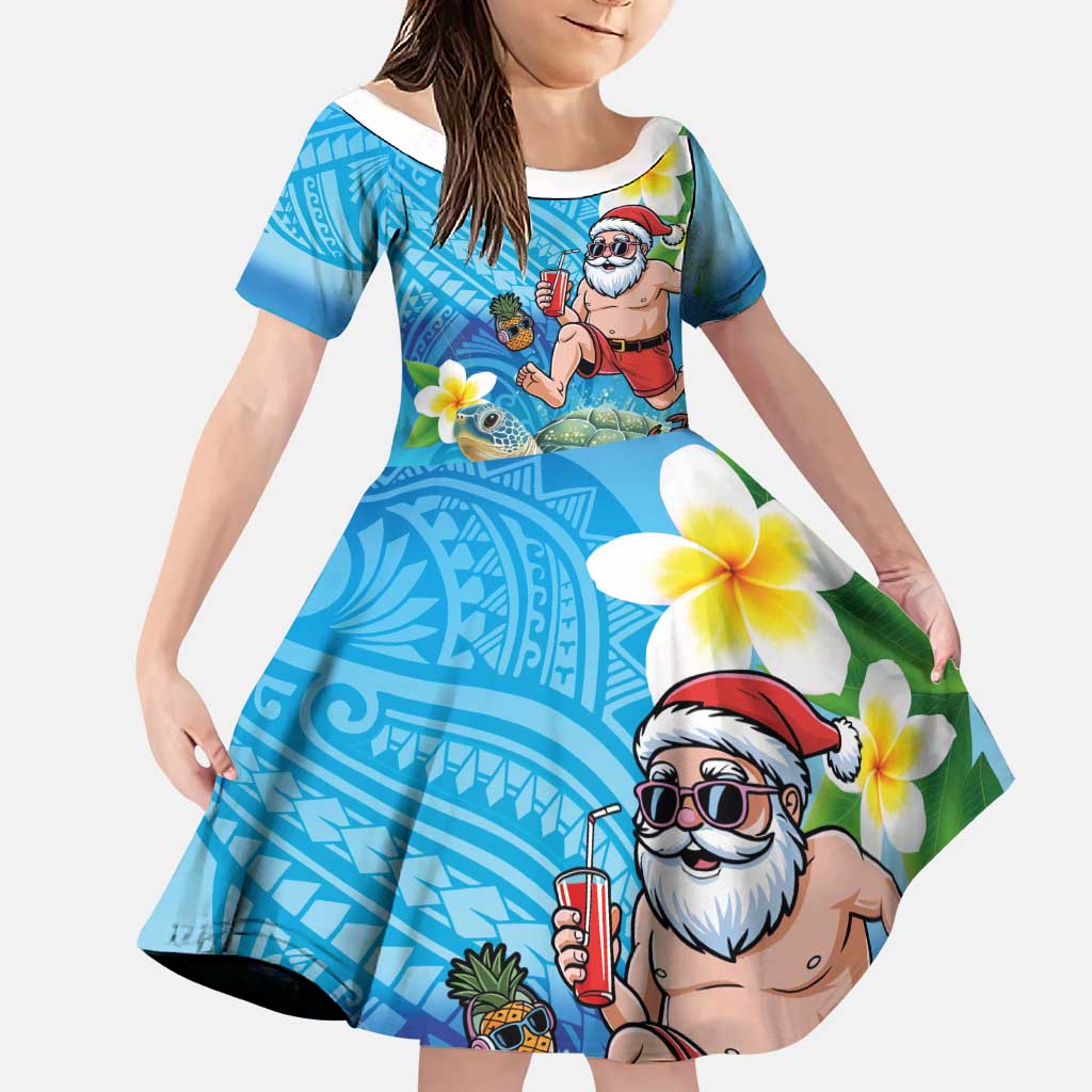 Polynesian Merry Christmas Family Matching Summer Maxi Dress and Hawaiian Shirt Funny Santa with Sea Turtle Beach Plumeria LT03 Daughter's Dress Multicolor - Polynesian Pride