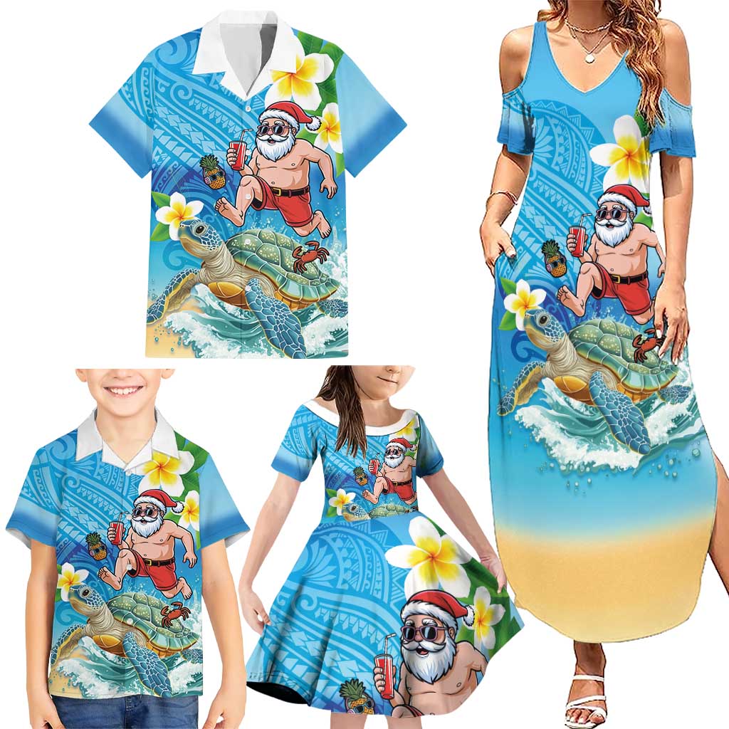 Polynesian Merry Christmas Family Matching Summer Maxi Dress and Hawaiian Shirt Funny Santa with Sea Turtle Beach Plumeria LT03 - Polynesian Pride