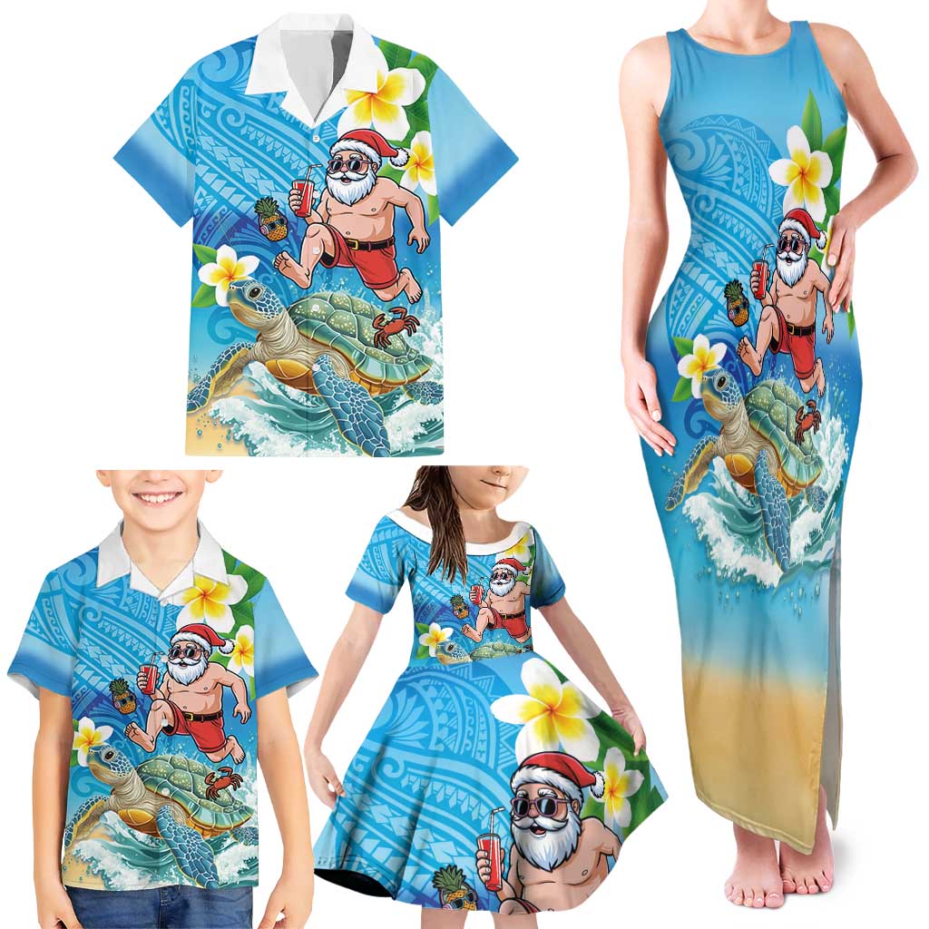 Polynesian Merry Christmas Family Matching Tank Maxi Dress and Hawaiian Shirt Funny Santa with Sea Turtle Beach Plumeria LT03 - Polynesian Pride