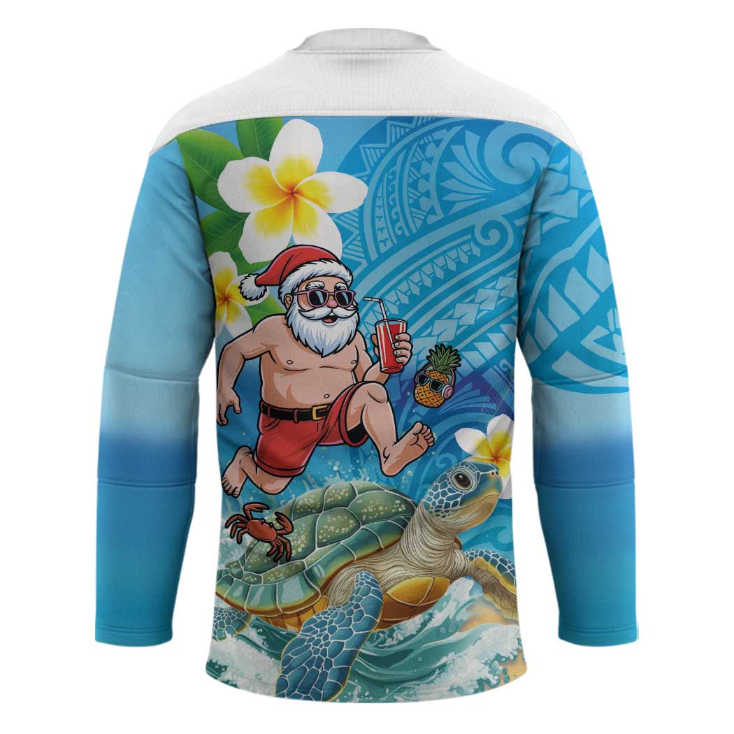 Polynesian Merry Christmas Hockey Jersey Funny Santa with Sea Turtle Beach Plumeria - Polynesian Pride