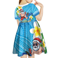 Polynesian Merry Christmas Kid Short Sleeve Dress Funny Santa with Sea Turtle Beach Plumeria - Polynesian Pride