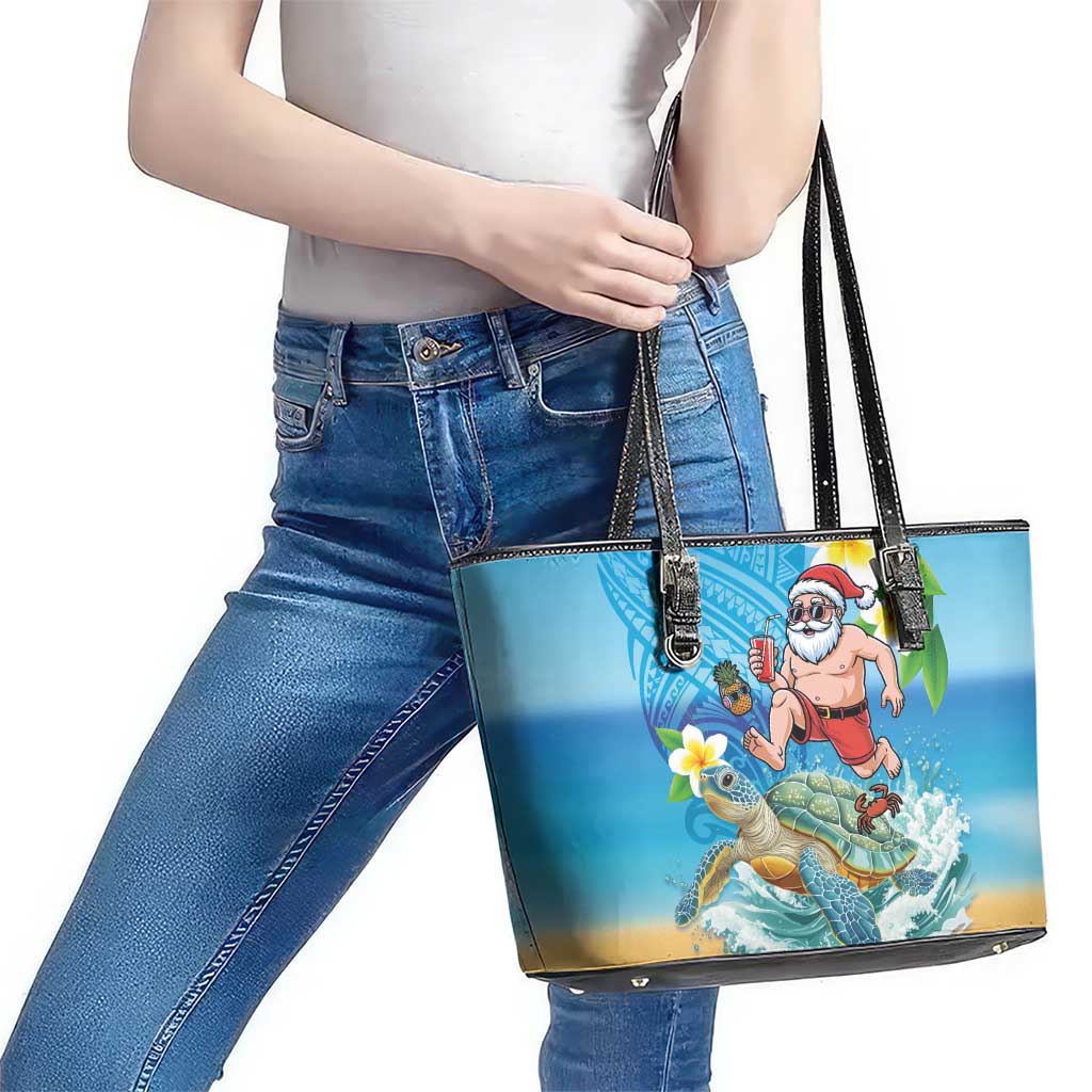 Polynesian Merry Christmas Leather Tote Bag Funny Santa with Sea Turtle Beach Plumeria - Polynesian Pride
