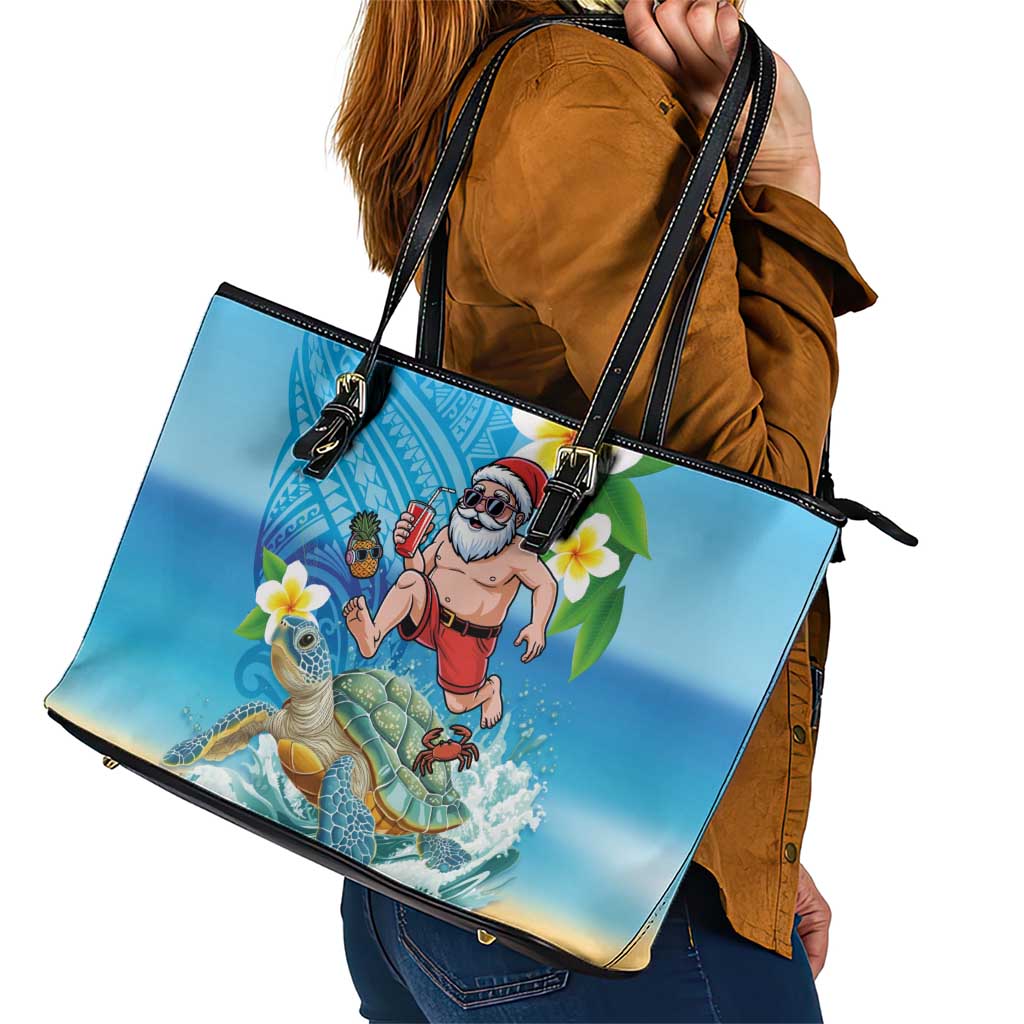 Polynesian Merry Christmas Leather Tote Bag Funny Santa with Sea Turtle Beach Plumeria - Polynesian Pride