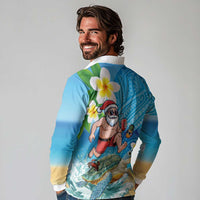 Polynesian Merry Christmas Long Sleeve Polo Shirt Funny Santa with Sea Turtle Beach Plumeria - Polynesian Pride