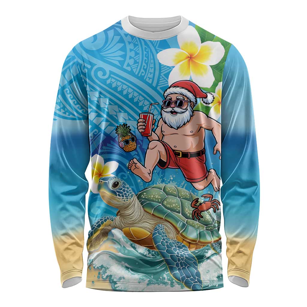 Polynesian Merry Christmas Long Sleeve Shirt Funny Santa with Sea Turtle Beach Plumeria LT03 Unisex Multicolor - Polynesian Pride