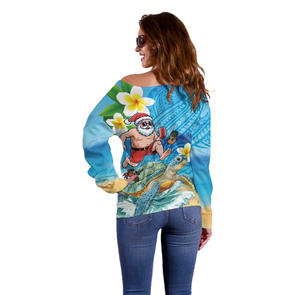 Polynesian Merry Christmas Off Shoulder Sweater Funny Santa with Sea Turtle Beach Plumeria - Polynesian Pride
