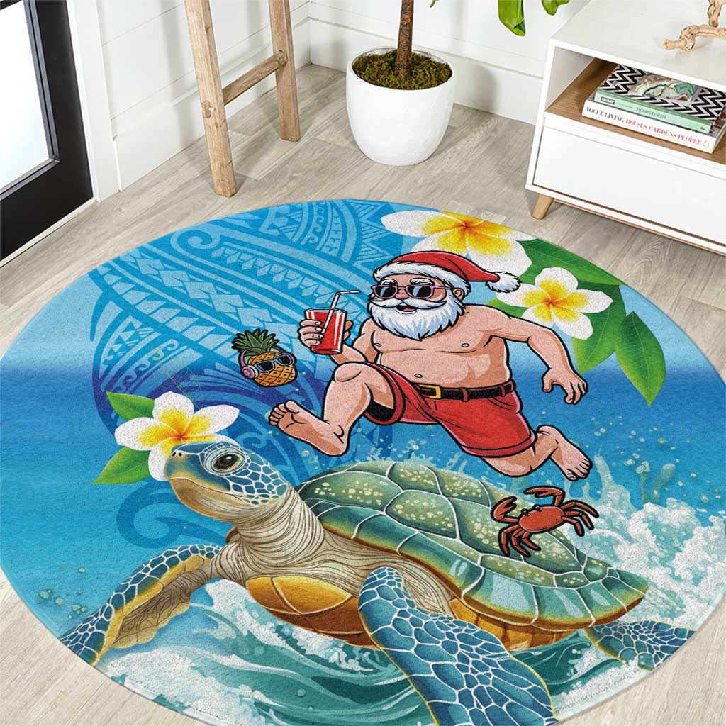 Polynesian Merry Christmas Round Carpet Funny Santa with Sea Turtle Beach Plumeria LT03 Multicolor - Polynesian Pride