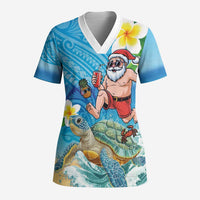 Polynesian Merry Christmas Scrub Top Funny Santa with Sea Turtle Beach Plumeria LT03 Adult Multicolor - Polynesian Pride