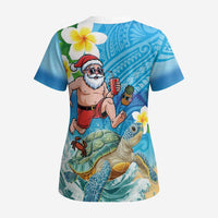 Polynesian Merry Christmas Scrub Top Funny Santa with Sea Turtle Beach Plumeria LT03 - Polynesian Pride