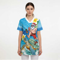 Polynesian Merry Christmas Scrub Top Funny Santa with Sea Turtle Beach Plumeria LT03 - Polynesian Pride