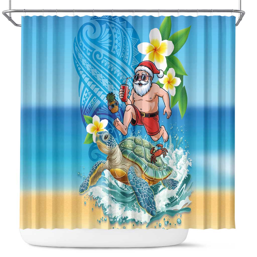 Polynesian Merry Christmas Shower Curtain Funny Santa with Sea Turtle Beach Plumeria LT03 Multicolor - Polynesian Pride