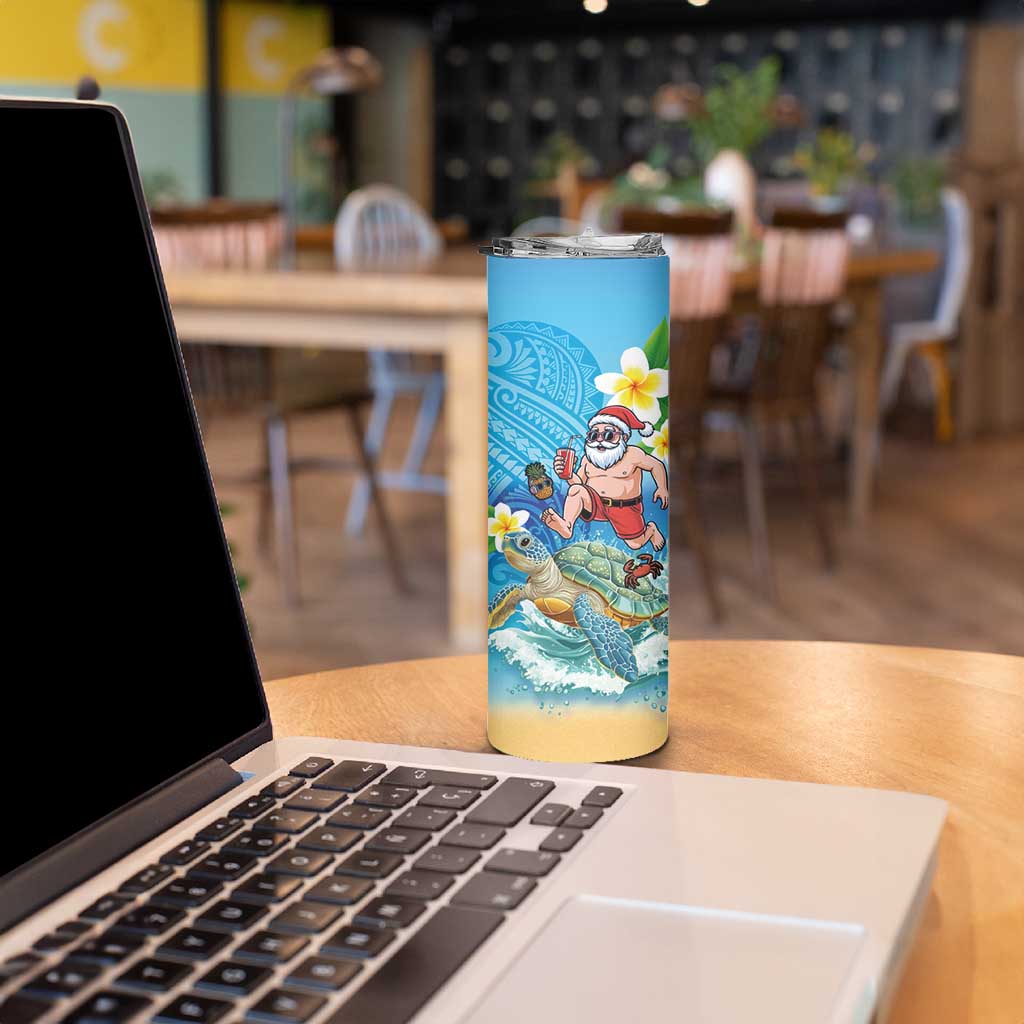 Polynesian Merry Christmas Skinny Tumbler Funny Santa with Sea Turtle Beach Plumeria - Polynesian Pride