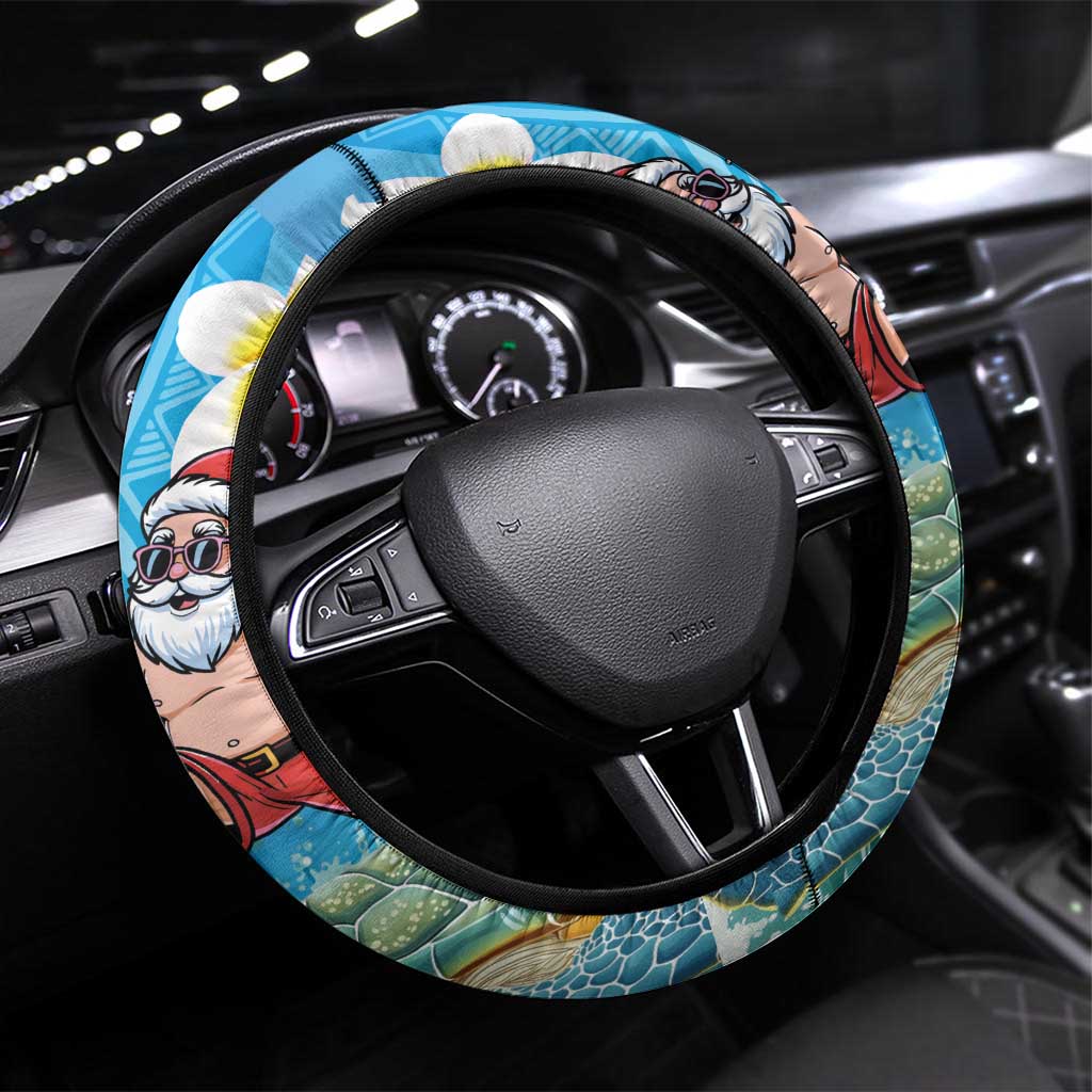 Polynesian Merry Christmas Steering Wheel Cover Funny Santa with Sea Turtle Beach Plumeria LT03 Universal Fit Multicolor - Polynesian Pride
